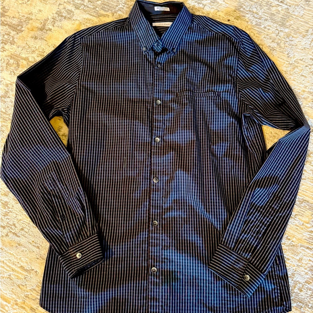 Calvin Klein Dress Shirt Black Gray Stripes 100% Cotton S